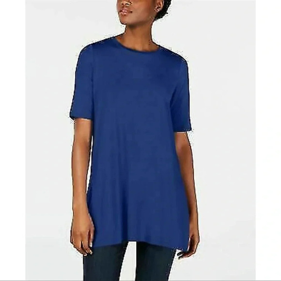 Eileen Fisher Fine Tencel Jersey Round Neck Elbow Sleeve Tunic - Picture 2 of 6